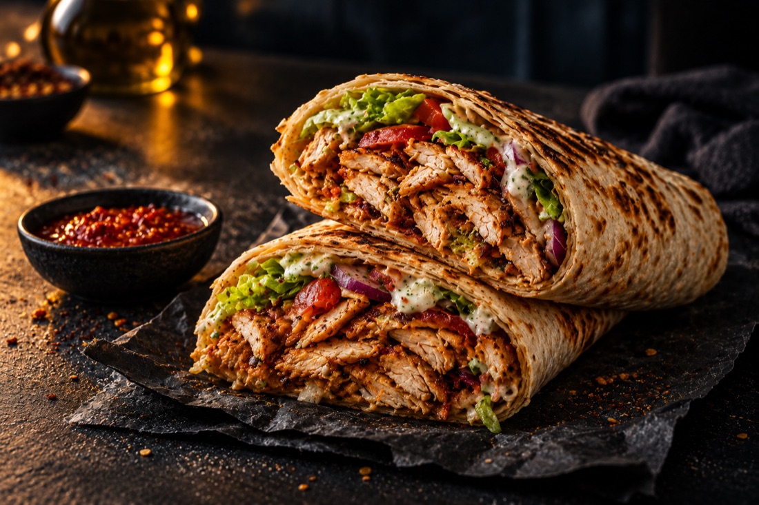 Chicken doner wrap cut in half