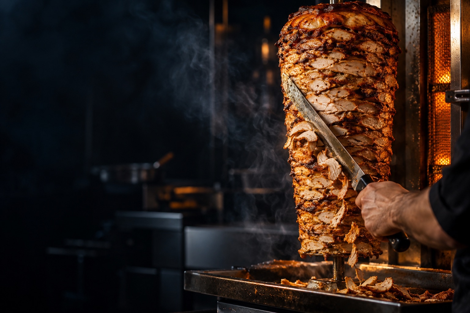 Chicken doner being sliced off the spit